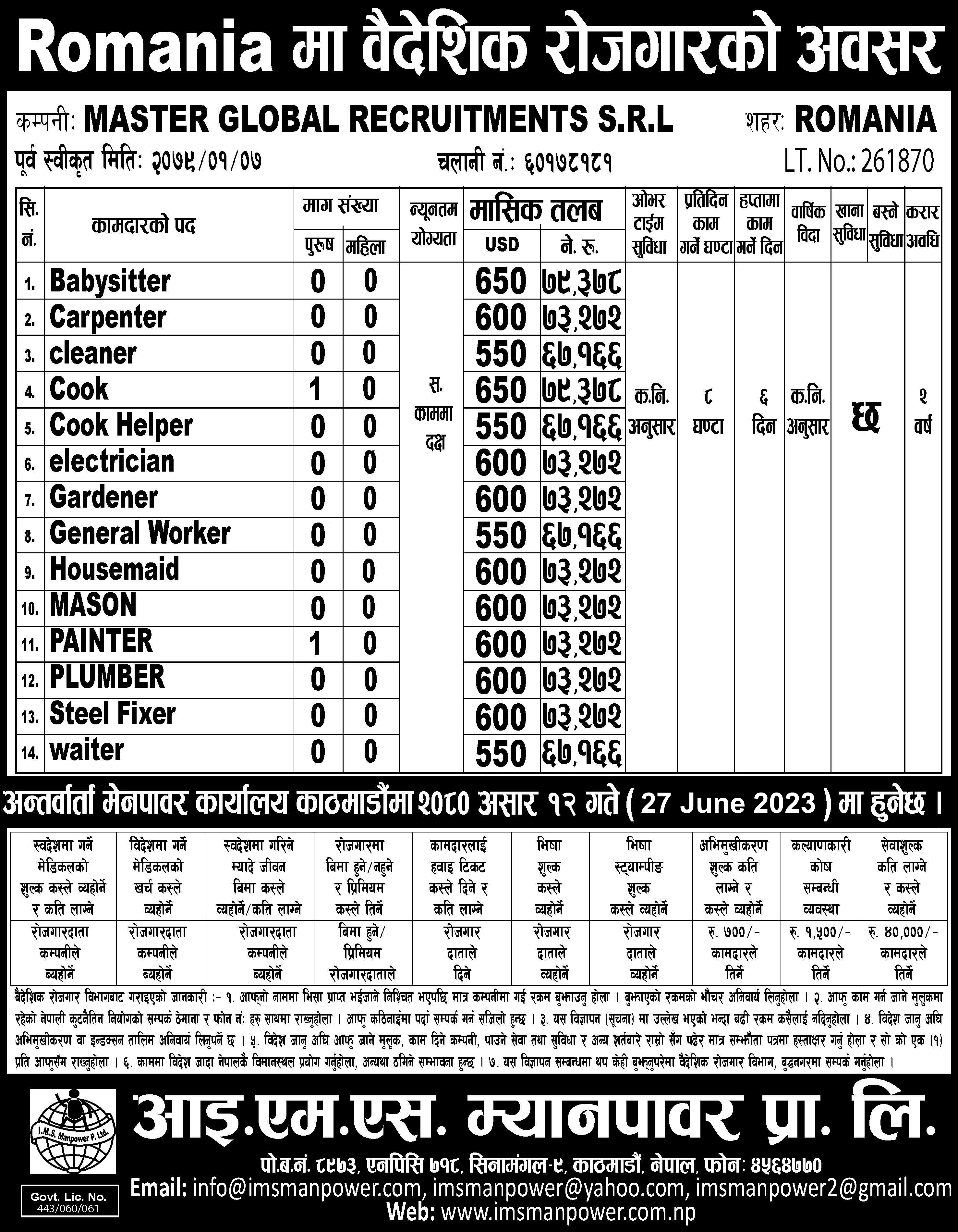 ROMANIA JOB VACANCY